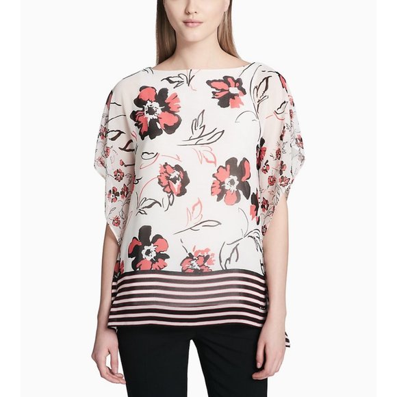 NWT Calvin Klein Chiffon Kaftan Blouse Size S White Floral Print Tunic Top - Picture 1 of 10